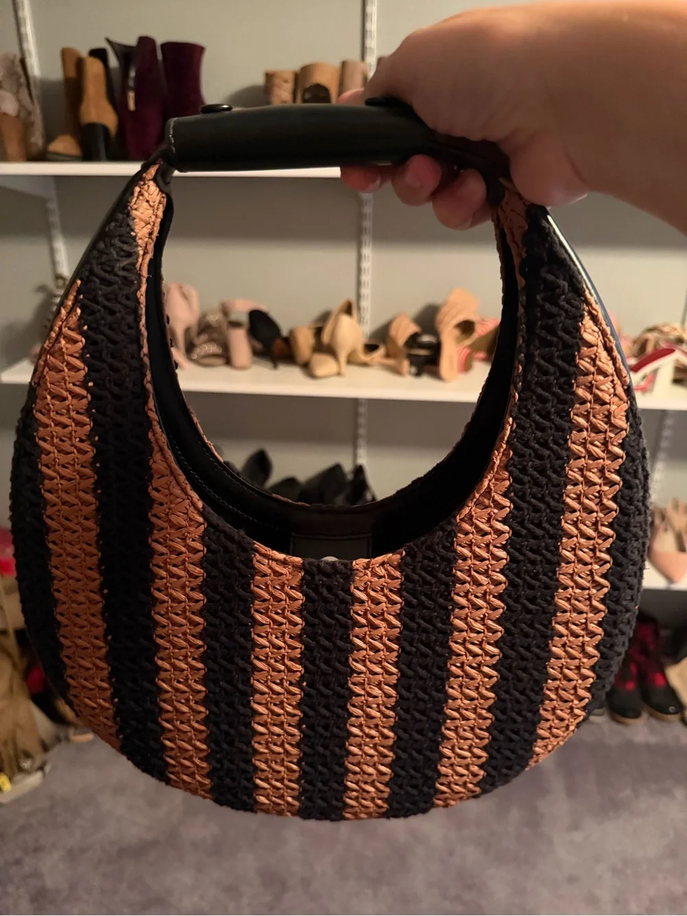 Staud moon raffia - Woven Straw-Style Black and Brown Stripe Dress Hobo Bag